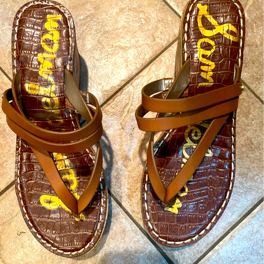 Sam Edelman brown leather thong wedges 7 1/2